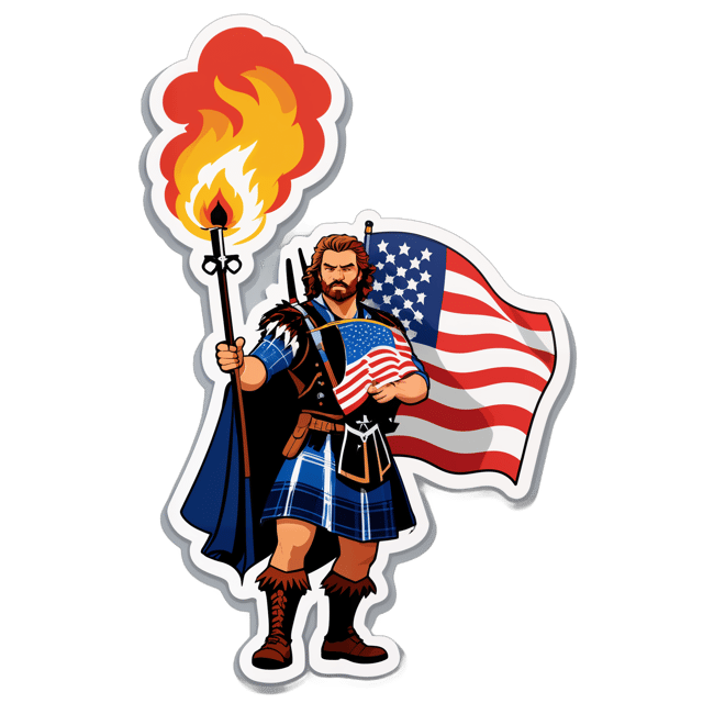 AI generated cartoon sticker for A realistic photo of a scottish highlander burning an American flag