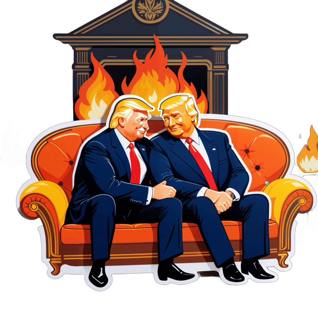 AI generated cartoon sticker for photorealistic image of trump and putin cuddling on a couch by a fireplace