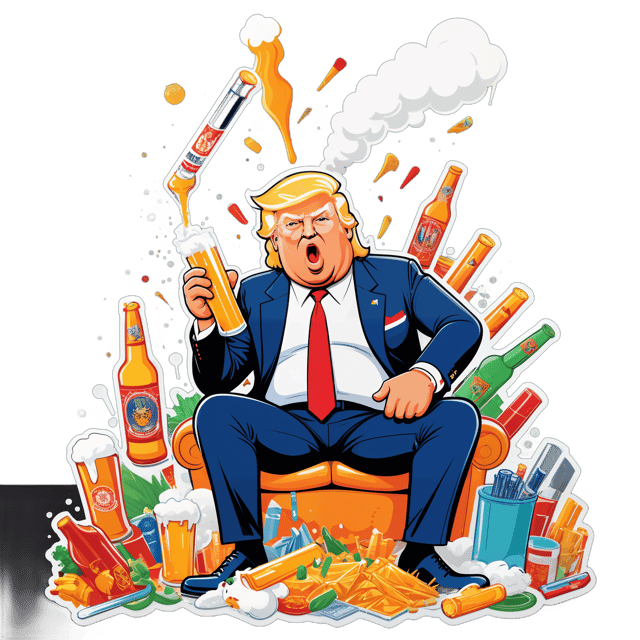 AI generated cartoon sticker for Donald Trump taking a massive bong rip in a messy apartment with beer and food everywhere