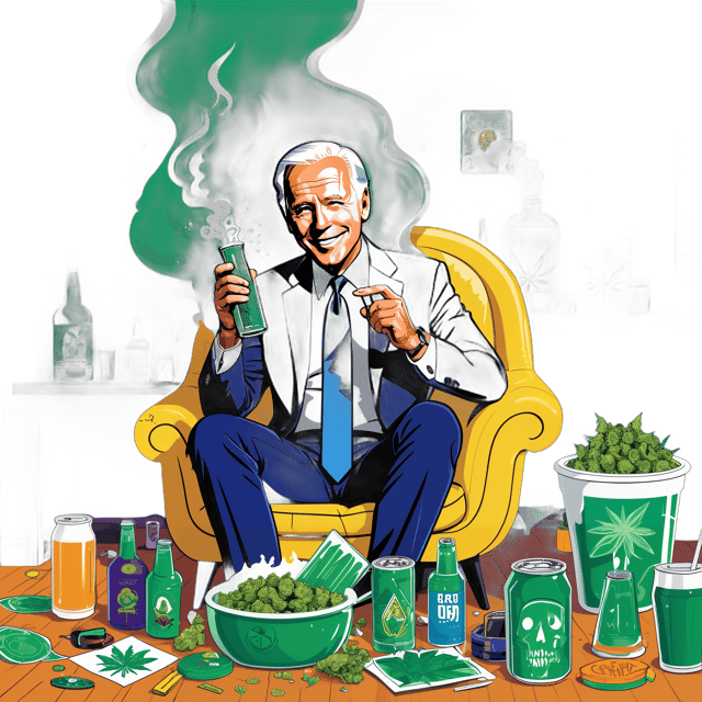 AI generated cartoon sticker for Joe Biden lighting up a massive bong rip of marijuana and getting extremely high, he is sitting in a messy apartment with beer and food everywhere