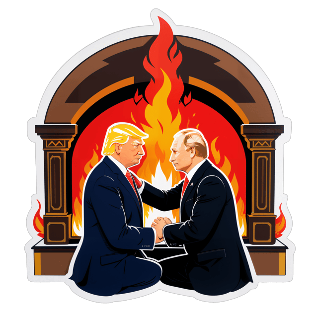 AI generated cartoon sticker for trump and putin cuddling by a fireplace