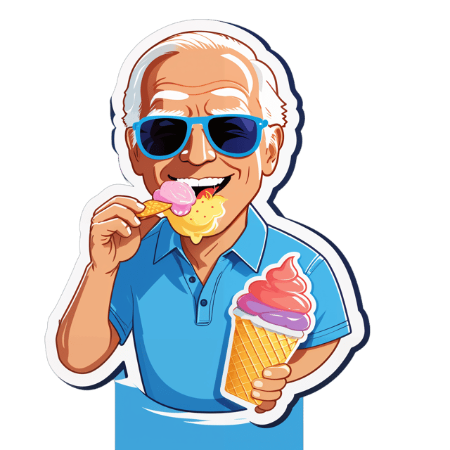 AI generated cartoon sticker for biden eating ice cream with sunglasses