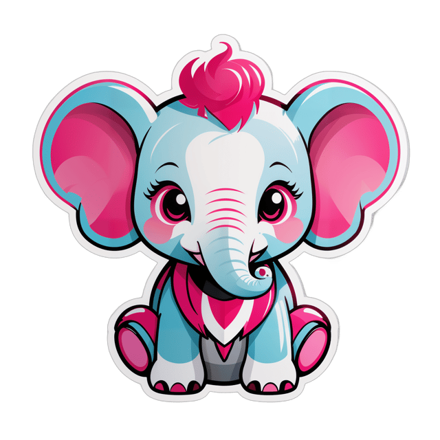 AI generated cartoon sticker for Baby animal elephant with mini tusks and  a Candy Pink Mohican hair style