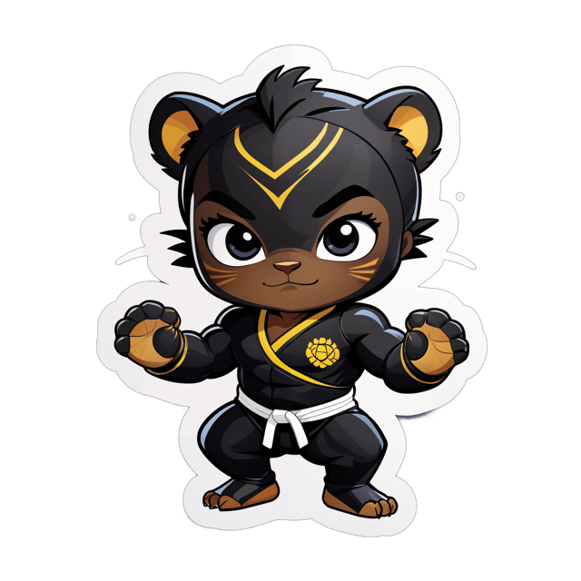 AI generated cartoon sticker for funny baby black panther in judo costume 