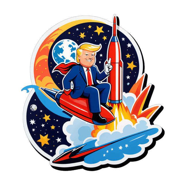 AI generated cartoon sticker for trump riding a rocket to the moon