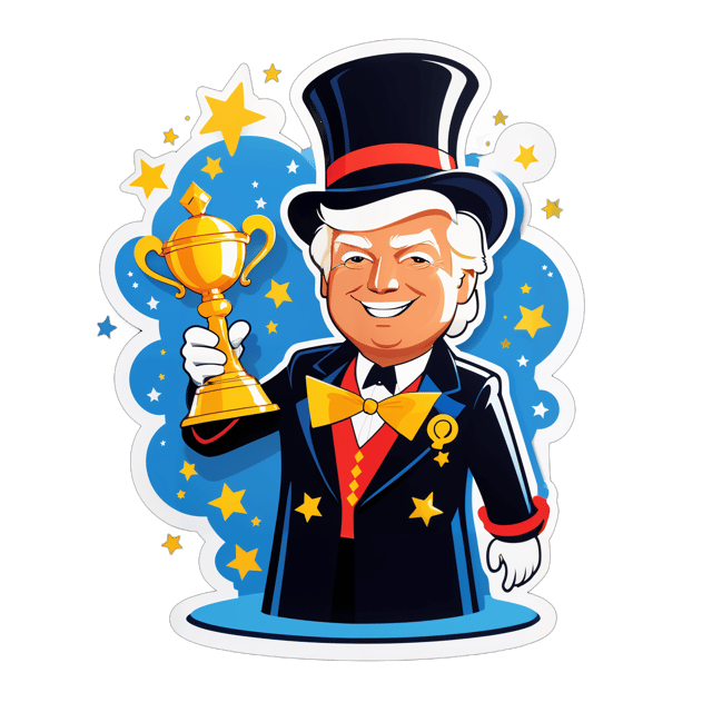 AI generated cartoon sticker for Trump as a magician giving a trophy too someone 