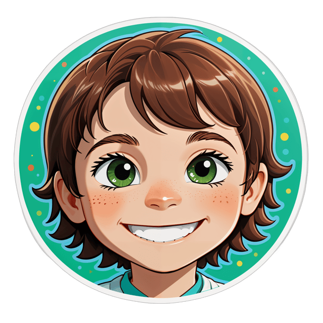 AI generated cartoon sticker for Boy 10 years old
Brown hairfreckles 
Blue green eyes
Smiling 
Birthday 