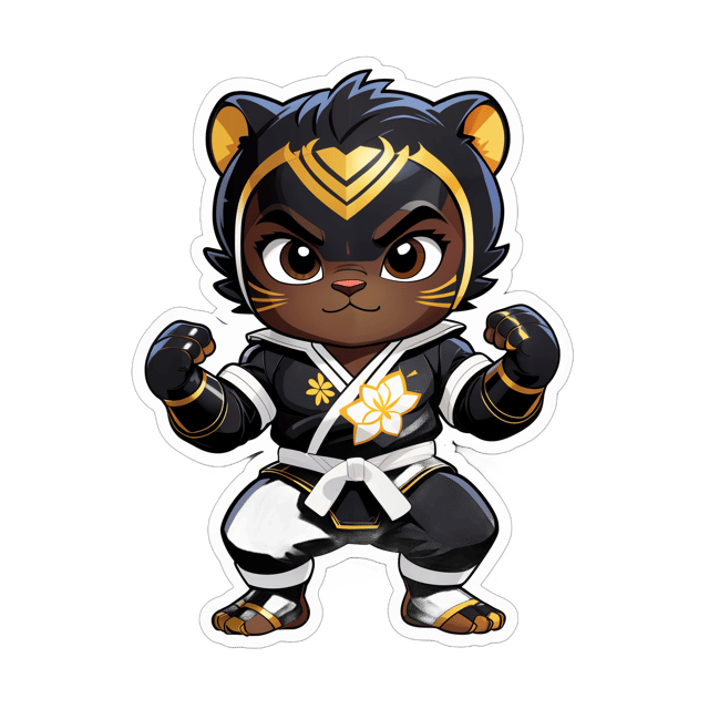 AI generated cartoon sticker for funny baby black panther in judo costume 