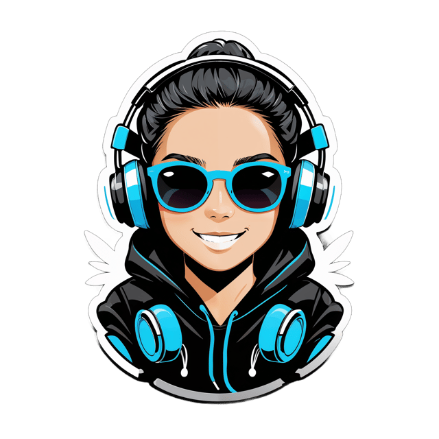 AI generated cartoon sticker for A chherful ful headphones on black hoodie and black sunglasses