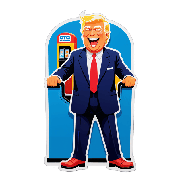 AI generated cartoon sticker for full body Donald Trump at the gas pump laughing













