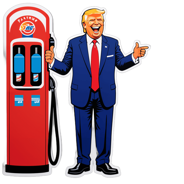 AI generated cartoon sticker for full body Donald Trump at the gas pump laughing













