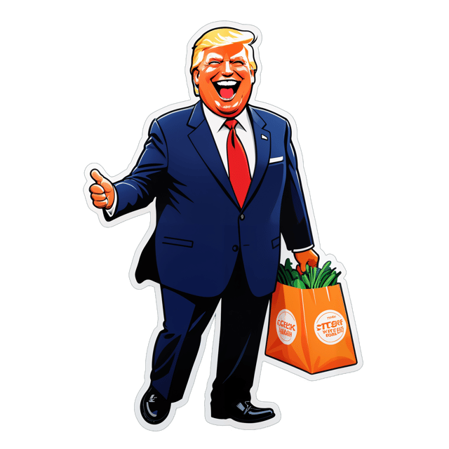 AI generated cartoon sticker for full body Donald Trump at the grocery store laughing














