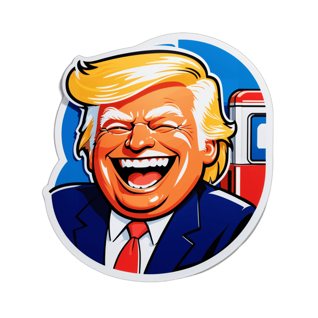 AI generated cartoon sticker for Donald Trump at the gas pump laughing













