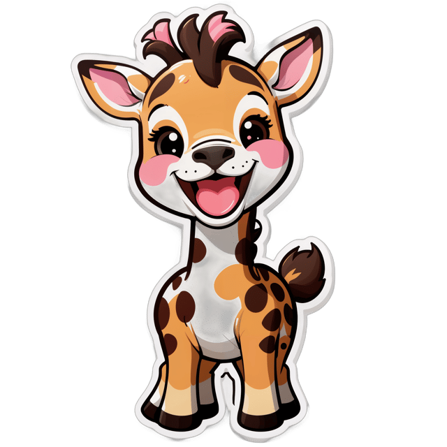 AI generated cartoon sticker for Baby giraffe with pink marking not the normal brown and white markings laughing and having fun