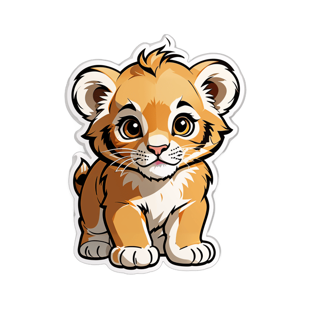 AI generated cartoon sticker for Baby lion cub crouch down on the floor looking upwards with big beautiful eyes